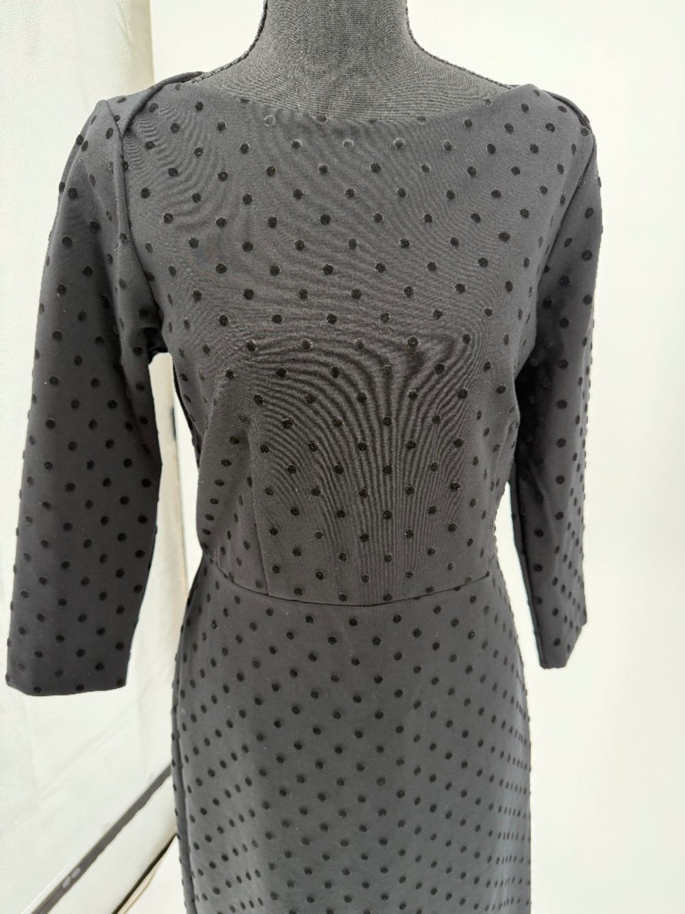 Ann Taylor Black Flocked Velvet Polka Dot 3/4 Sleeve Sheath Dress 8